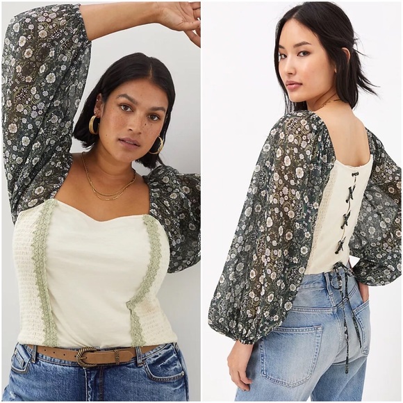 Anthropologie Tops - NWT ANTHROPOLOGIE SMOCKED BALLOON-SLEEVE TOP IN MOSS